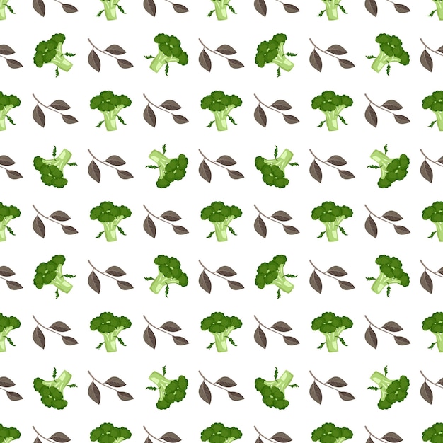 Seamless pattern with broccoli and leavesPrint of vegetable on white background Food for healthy diet Natural product suitable for vegetarians Vector flat illustration