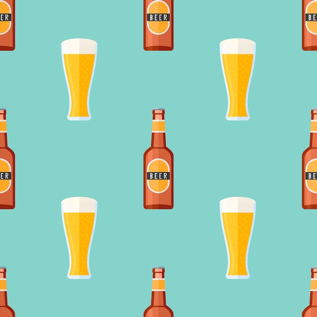 Seamless pattern with brown bottle and glass with beer.