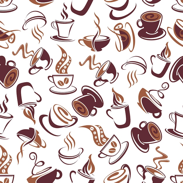 Vector seamless pattern with brown cups of coffee