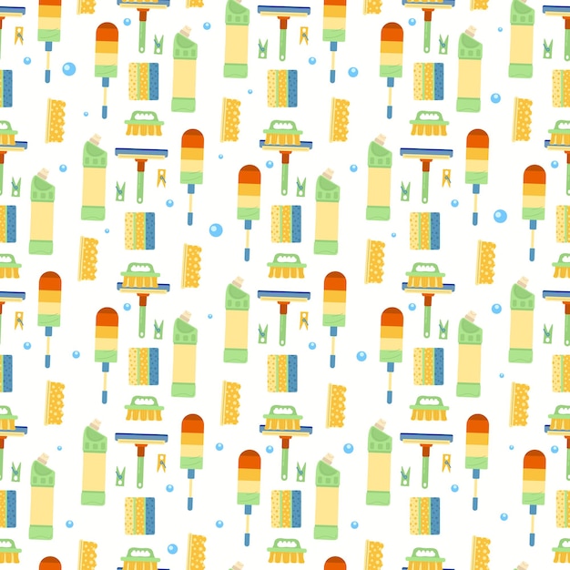 Vector a seamless pattern with brushes and bottle spray for cleaning. white background.