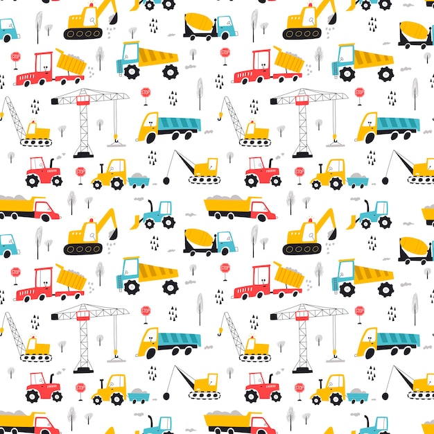 Seamless pattern with building equipment Kids print Vector hand drawn illustration