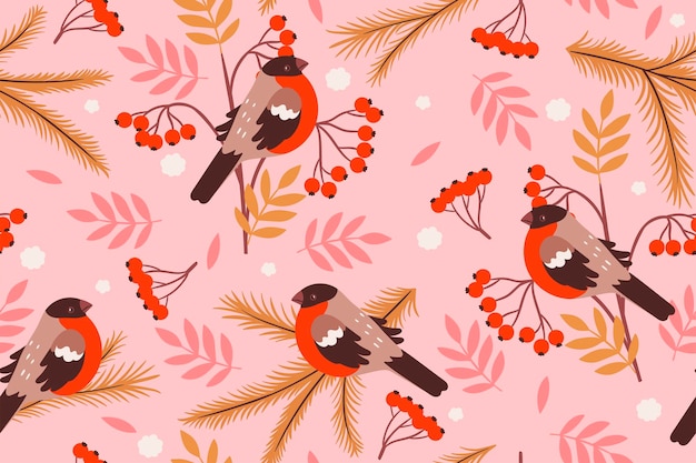 Seamless pattern with bullfinches and rowan branches