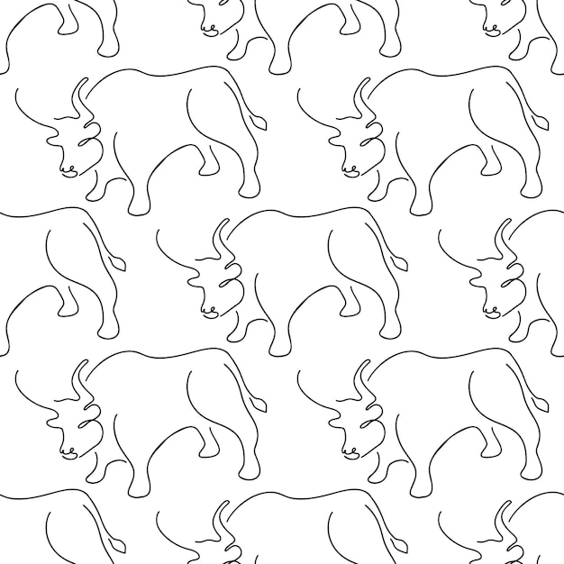 Бесшовный рисунок с иллюстрацией быков в стиле линейного искусства черного цвета на белом фоне