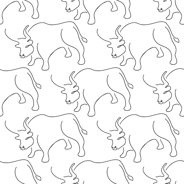 Seamless pattern with bulls illustration in line art style black color on white background