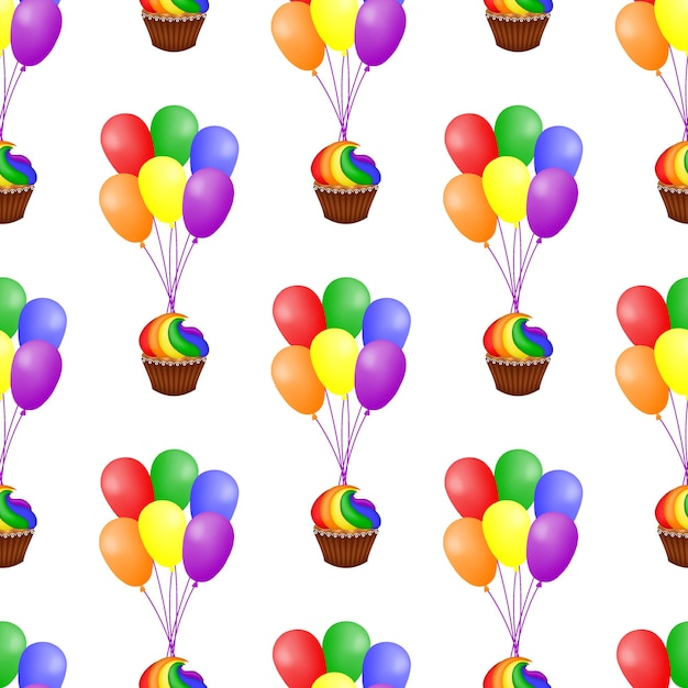 Seamless pattern with bunches of colorful balloons and cupcakes on a white background