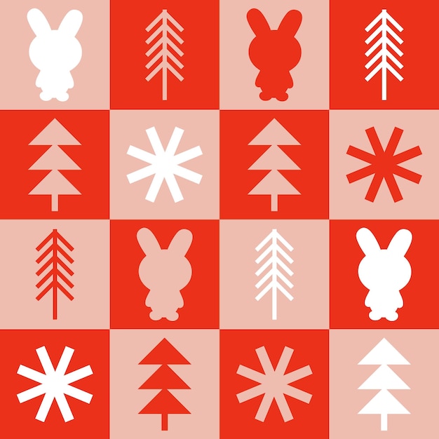 Seamless pattern with bunnies snowflakes and Christmas trees Geometric print for tee paper fabric textile Retro style vector illustration for decor and design