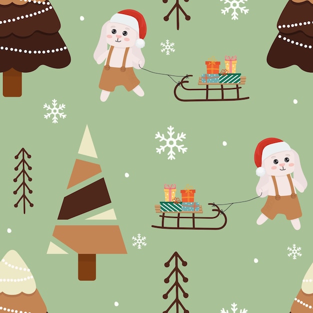 녹색 배경에 토끼와 크리스마스 트리가 있는 매끄러운 패턴 포장지 인사말 카드 섬유 인쇄에 적합
