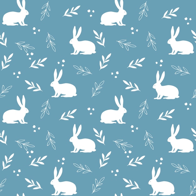 Vector seamless pattern with bunny rabbits and floral element on blue background vector illustration