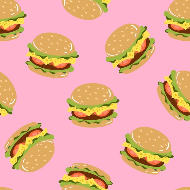 Seamless pattern with burger on pink background