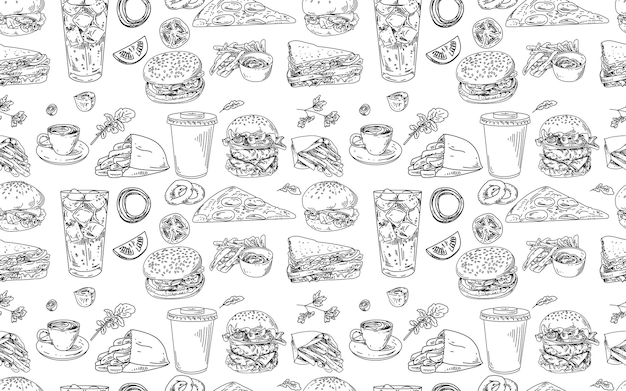 Seamless pattern with burgers and fast food