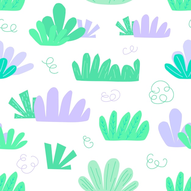 Seamless pattern with bushes and greenery in doodle style