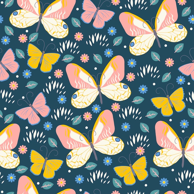 나비와 꽃 원활한 패턴입니다. 제도법.