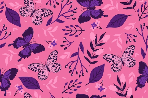 Бесшовный узор с бабочками и цветами в фиолетово-розовых тонах векторная графика