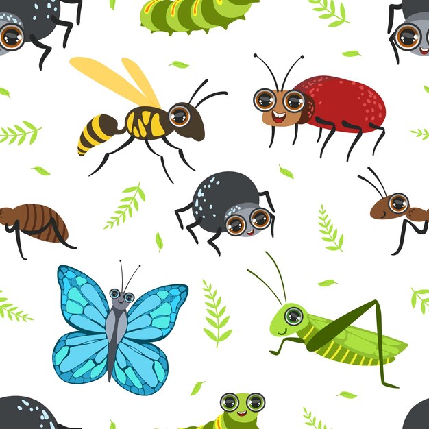 Seamless pattern with butterflies and beetles bug grasshopper caterpillar ant wasp design element