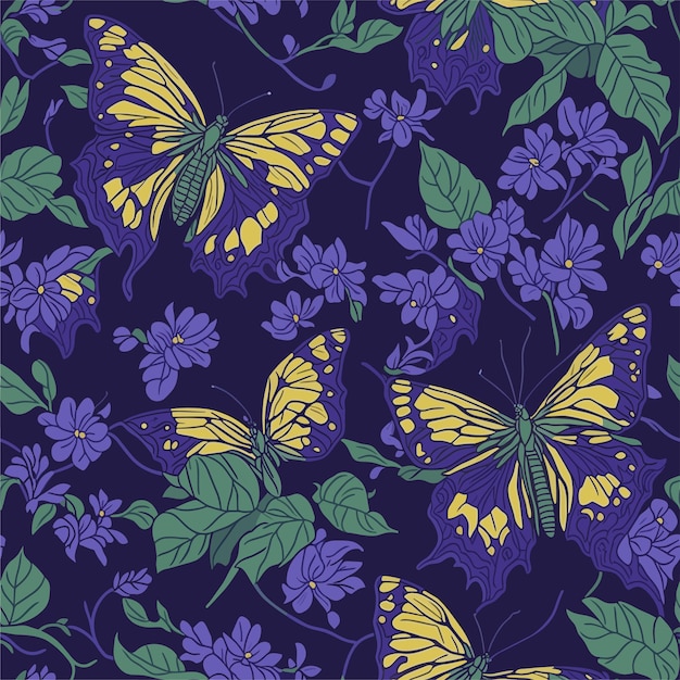 A seamless pattern with butterflies on a dark background.