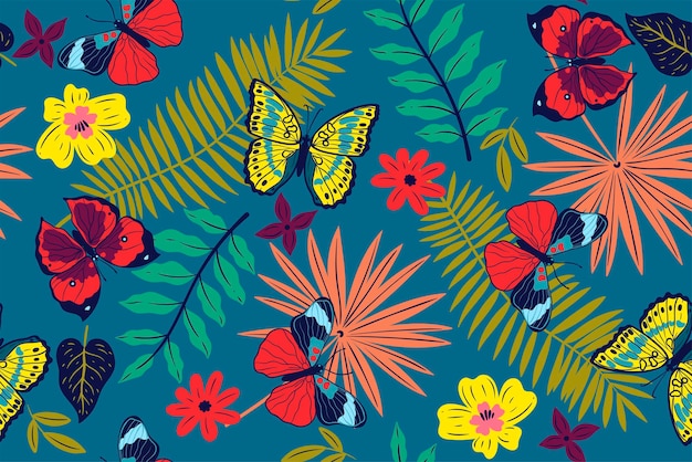 Seamless pattern with butterflies and flowers Vector graphics