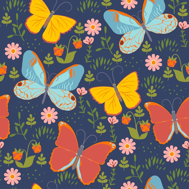 Seamless pattern with butterflies and flowers. 