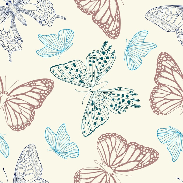 Seamless pattern with butterflies on light background