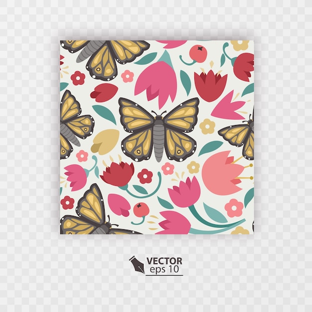 Бесшовный фон с бабочкой и цветами в плоском стиле, векторный формат