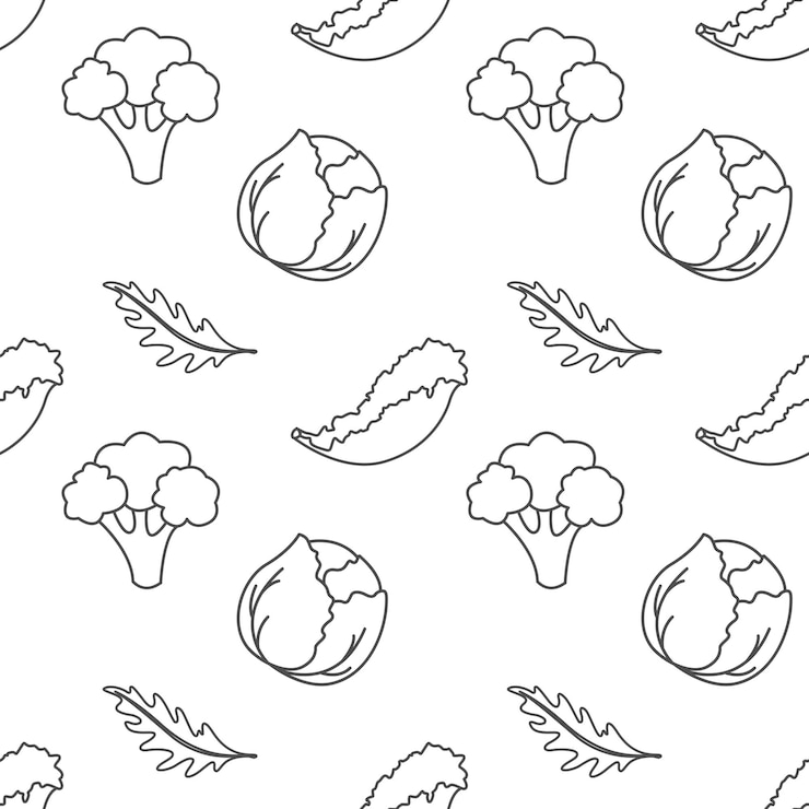 Vector seamless pattern with cabbage arugula broccoli and salad outline contour drawing on white backgrou