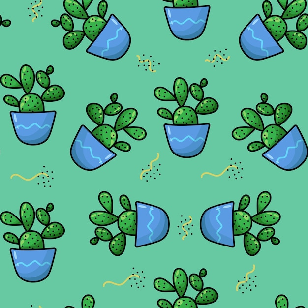 seamless pattern with cacti in a blue pot on a green background