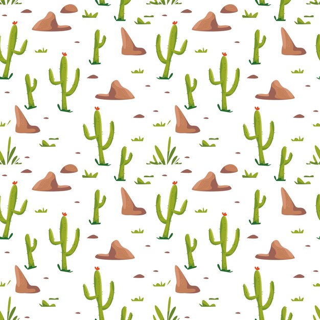 Modello senza cuciture con cactus e pietre su sfondo bianco illustrazione vettoriale in stile piatto