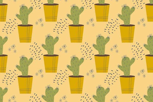 Vettore modello senza cuciture con cactus cactus in una pianta domestica in vaso con spine aghi e fiori