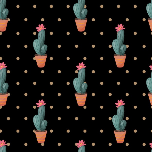 Seamless pattern with cactus on dark background