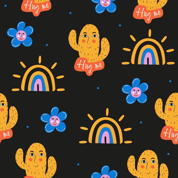 Seamless pattern with cactus, flower, rainbow on a black background. Hug me! Vector illustration.