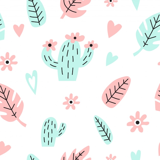 Seamless pattern with cactus, leaves and hearts.