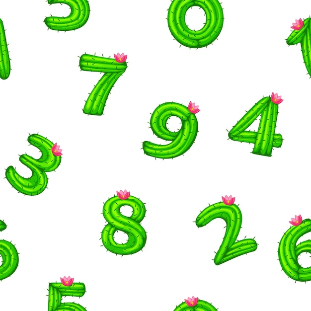 Seamless pattern with cactus numbers for ui game, school. Vector illustration textural background kid with numbers with a flower.