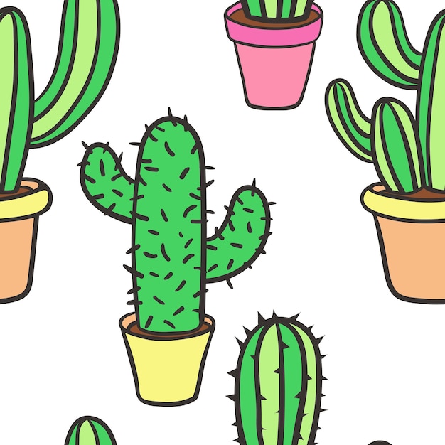 Seamless pattern with cactus Pattern of cactus Cacti in pots Vector background Cute cartoon cactus pattern