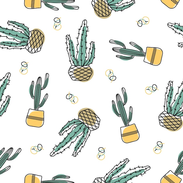 A seamless pattern with cactuses and a yellow circle