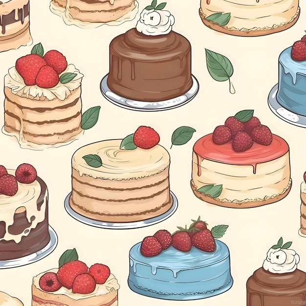 Seamless pattern with cakes and berries Vector illustration in a sketch style