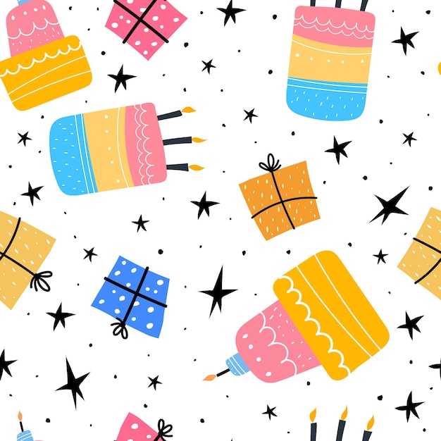 Seamless pattern with cakes gift boxes