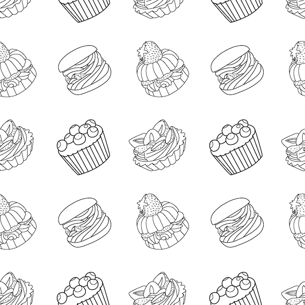 Vector seamless pattern with cakes in the style of the line