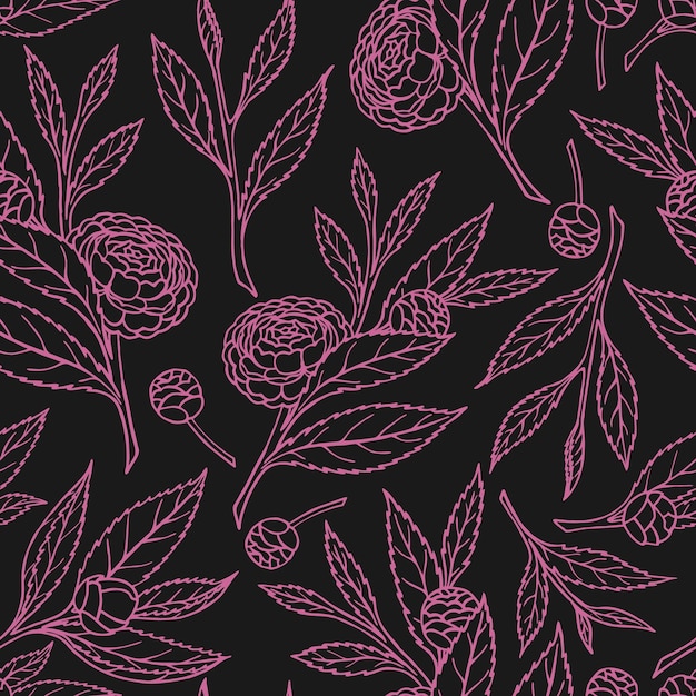 SEAMLESS PATTERN WITH CAMELLIA SPRIGS ON A BLACK BACKGROUND IN VECTOR