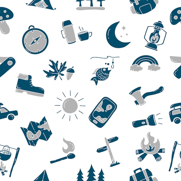 Seamless pattern with camping and outdoor doodle elements Camping seamless pattern design