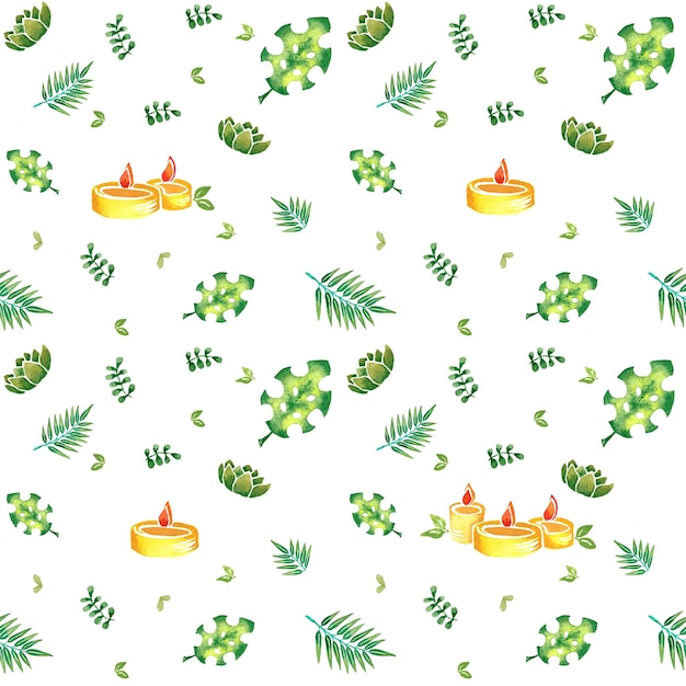 Seamless pattern with a candle and leaves.