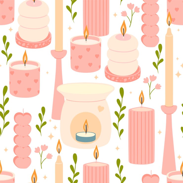 Vector seamless pattern with candles of various shapes in pastel colors