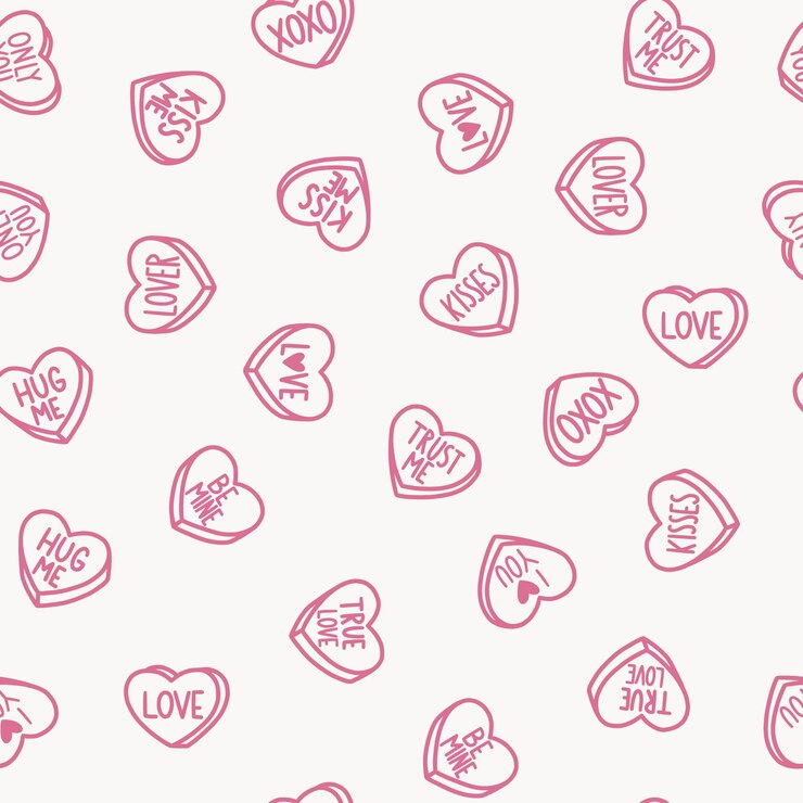 Vector seamless pattern with candy hearts on a pink background candy in form of hearts with messages