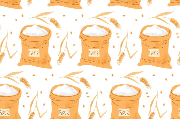 seamless pattern with canvas bag of flour ears grains bread and harvest agricultural symbol flour