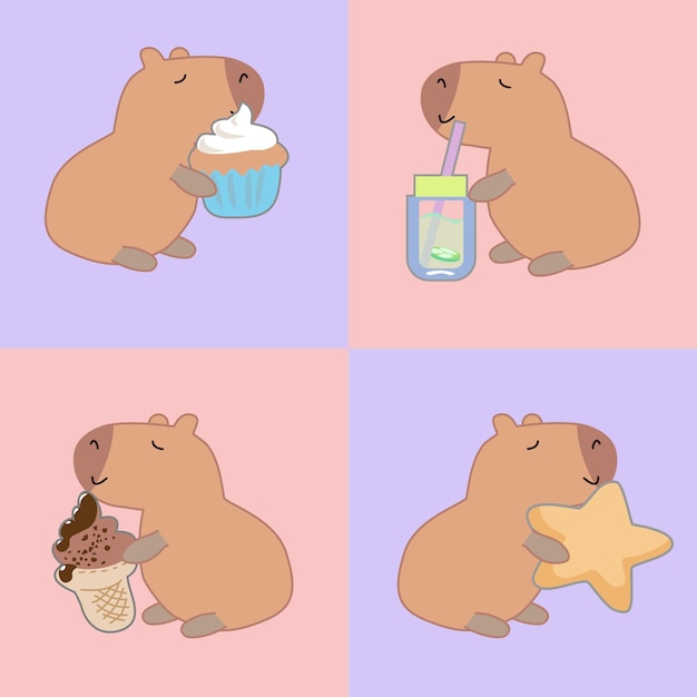 Vector seamless pattern with capybara stars flowers strawberrycute cupcakes and drink in the doodle kawaii