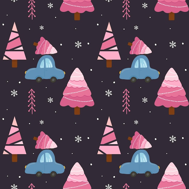 Vector seamless pattern with car and christmas tree on darck background