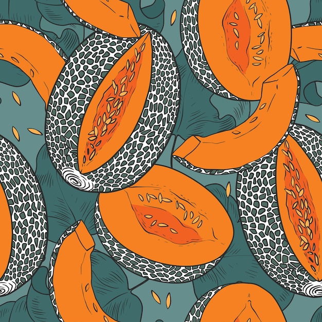 Seamless pattern with caribbean melon slices and halves