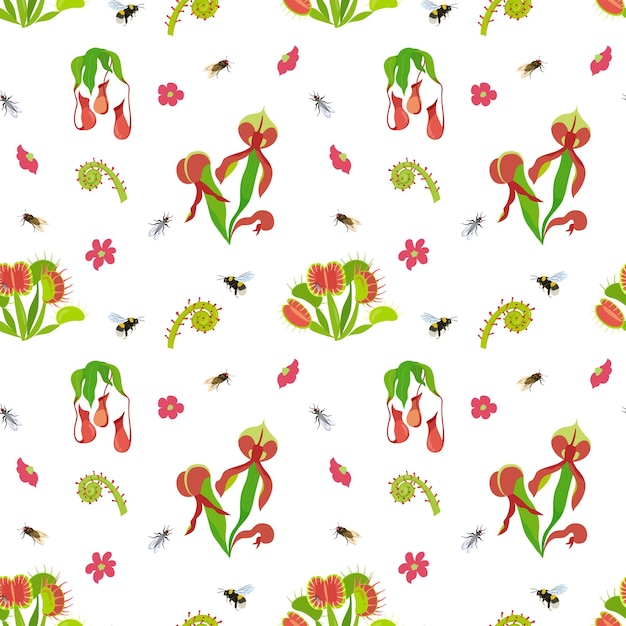 Seamless pattern with carnivorous plants insects vector floral design with rare wild flowers and fly