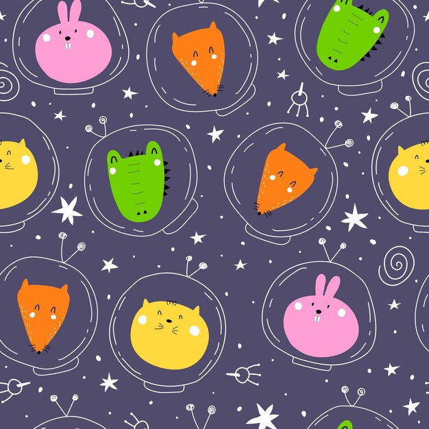 seamless pattern with cartoon animals in space planet moon decor elements