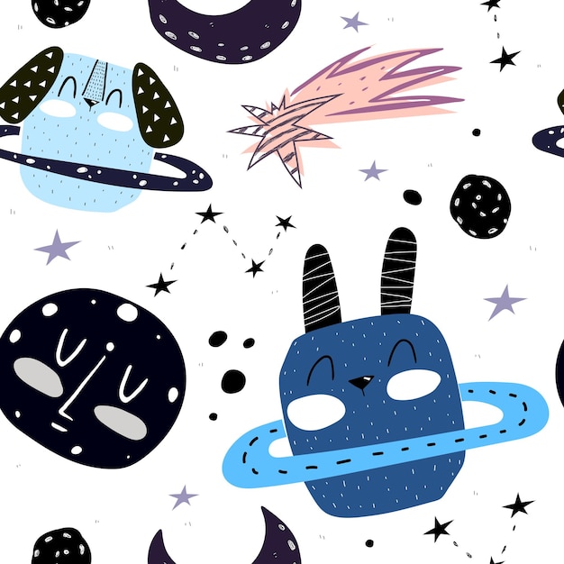 Seamless pattern with cartoon animals in space