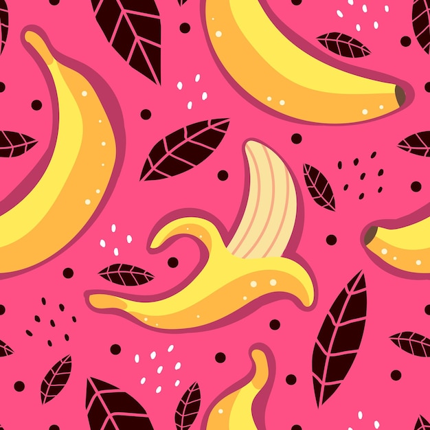 Vector seamless pattern with cartoon bananas, leaves