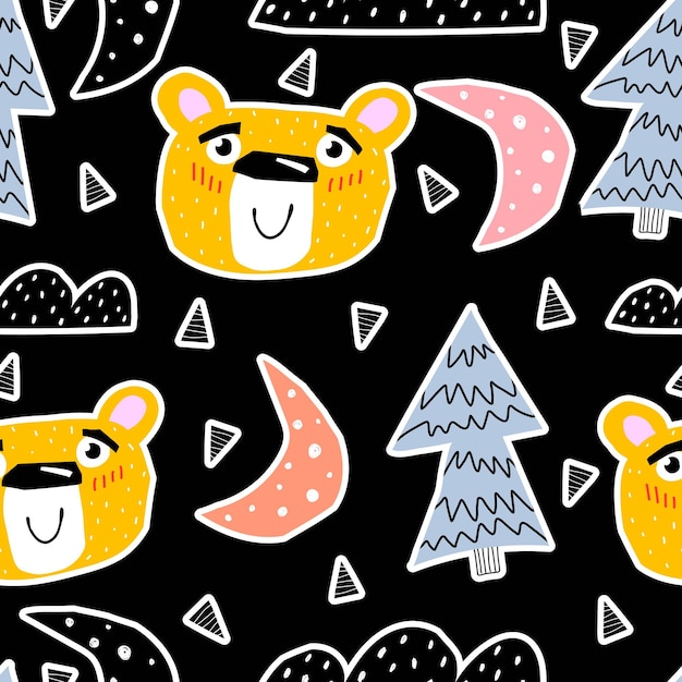 Seamless pattern with cartoon bears Christmas trees crescents clouds